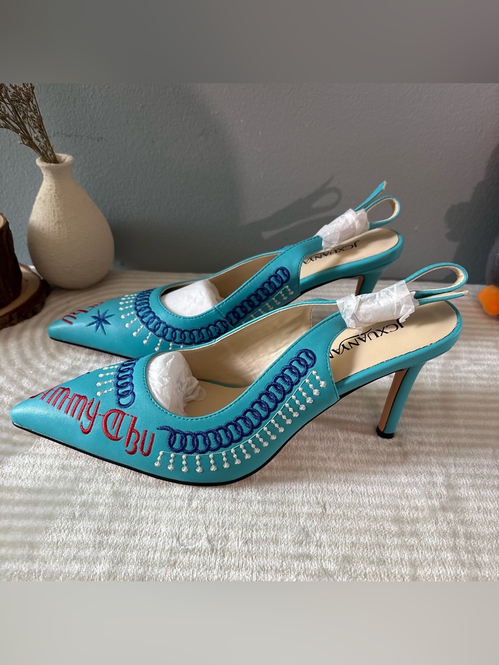 Turquoise Embroidered Slingback Heels by Anna